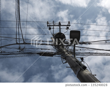 The infrastructure of utility poles and wires intertwine intricately against the winter sky. The geometric beauty of everyday urban life. 135248028