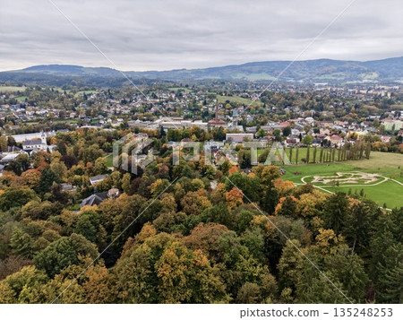 Drone Footage Showcasing Autumnal Hues Blending With Neighborhood Patterns And Distant Urban Skyline Drone Footage Showcasing Autumnal Hues Blending With Neighborhood Patterns And Distant Urban Skyline 135248253
