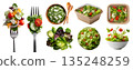 Collection of salad, vegetable greens leafy protein, takeaway box, on fork, wooden bowl fork spoon, many variety base topping dressing ingredient, transparent cutout PNG. Mockup design 135248259