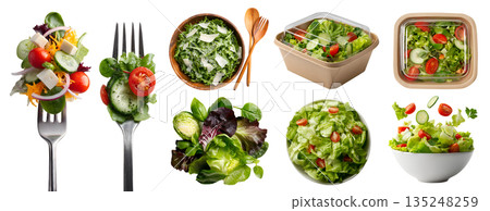Collection of salad, vegetable greens leafy protein, takeaway box, on fork, wooden bowl fork spoon, many variety base topping dressing ingredient, transparent cutout PNG. Mockup design 135248259