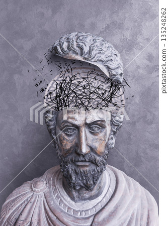 Modern creative concept image with ancient statue head. Concept of melancholy, depression, mental health, psychology. 135248262