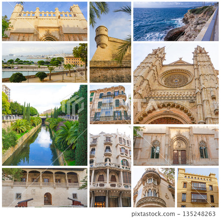 The collage from views of Palma de Mallorca at Spain. 135248263