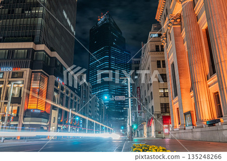 Tokyo night view: Nihonbashi Bridge and laser beams Tokyo night view: Nihonbashi Bridge and laser beams 135248266