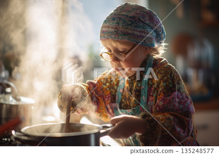 Child Chef Cooking in Rustic Kitchen Warm Sunlight Steaming Pot Food Preparation Toddler Home Cooking 135248577