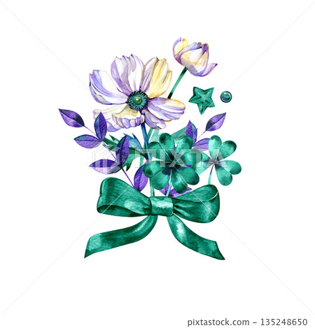 Delicate watercolor floral arrangement featuring a white anemone flower, purple leaves, and lucky green shamrocks tied with a teal bow. A charming botanical composition for St. Patrick's Day or spring 135248650