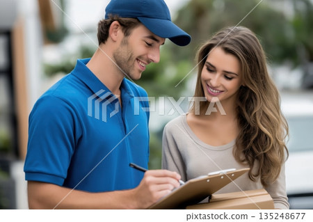 Happy Customer Signing Delivery Receipt Friendly Courier Service Package Delivery Smiling Woman Man Uniform 135248677
