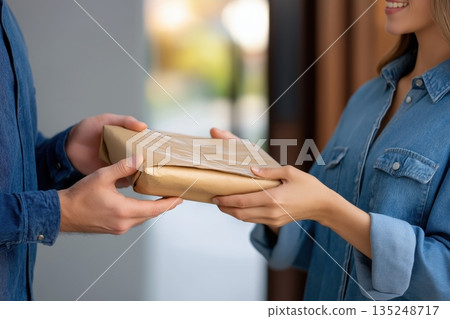 Secure Handover: Package Delivered from Courier to Customer 135248717