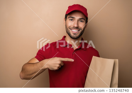 Happy delivery man in red uniform points at a brown paper bag ready for order pickup or delivery service 135248740