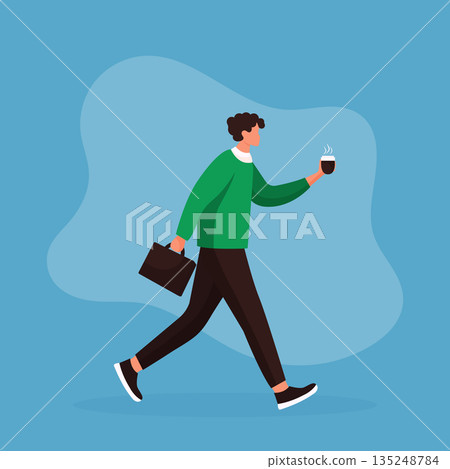 Office employee with briefcase holding hot drink morning commute and career concept flat style. Office employee with briefcase holding hot drink morning commute and career concept flat style. 135248784