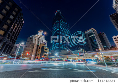 Tokyo night view: Nihonbashi Bridge and laser beams Tokyo night view: Nihonbashi Bridge and laser beams 135248884