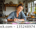 Woman writing in notebook at home kitchen table, planning daily tasks, enjoying cozy atmosphere 135248974