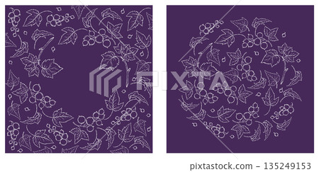Currant Berry Square Cards. White Line Art Botanical Frames on Dark Purple Background. Vector illustration. Not AI Currant Berry Square Cards. White Line Art Botanical Frames on Dark Purple Background. Vector illustration. Not AI 135249153