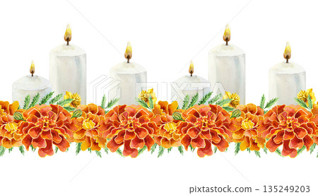 Marigolds and candles seamless border, horizontal. Hand drawn watercolor illustration of a flower garland, isolated. Perfect for birthday, Day of the Dead and Diwali cards and invitations. 135249203