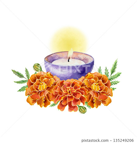 Marigolds and a burning candle. Hand drawn watercolor illustration of flowers. Suitable for birthday, Day of the Dead, and Diwali cards and invitations. Marigolds and a burning candle. Hand drawn watercolor illustration of flowers. Suitable for birthday, Day of the Dead, and Diwali cards and invitations. 135249206