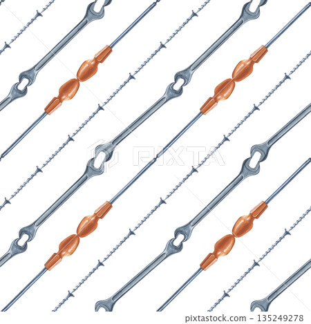 Diagonal seamless pattern with screwdrivers, wrench and self-tapping screws. Watercolor illustration of metal working tools on an isolated background. A realistic seamless template for the design of Diagonal seamless pattern with screwdrivers, wrench and self-tapping screws. Watercolor illustration of metal working tools on an isolated background. A realistic seamless template for the design of 135249278