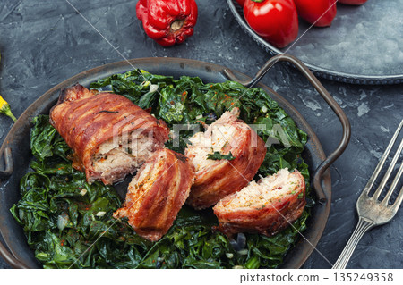 Meat Rolls Stuffed with Vegetables on a Plate Meat Rolls Stuffed with Vegetables on a Plate 135249358
