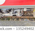 Train wheel assembly with mechanical components on railway tracks 135249402