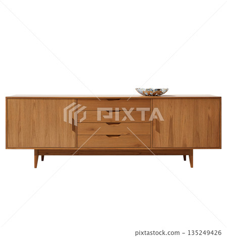 Modern Wooden Cabinet With Drawers and Decorative Object on Top in a Simple Setting 135249426