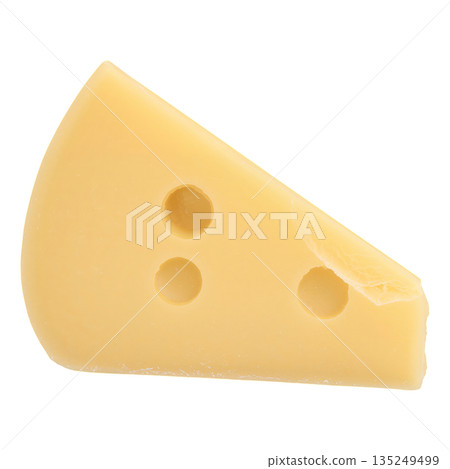Slice of Yellow Cheese With Holes on a Plain Background Showing Texture and Shape Clearly 135249499