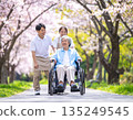 在柔和的春日陽光下，護理人員和患者沿著盛開的櫻花樹悠閒漫步。 135249545