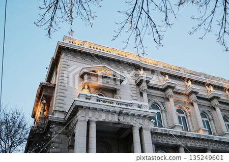Elegant historic building illuminated by warm lights during winter evening. Cultural landmark representing art, performance, and classical urban architecture 135249601