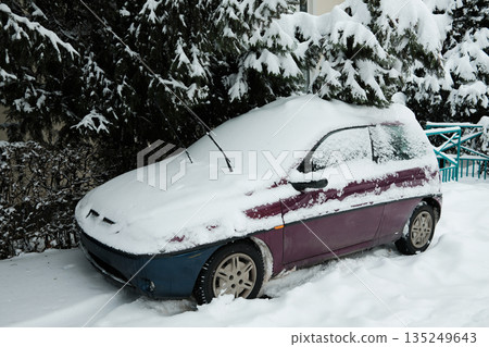 Compact car is buried under deep snow near evergreen trees in a residential area. The image reflects harsh winter conditions and challenges of cold climate living 135249643