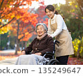 護理人員和患者在柔和的秋日陽光下，沿著鋪滿秋葉的街道悠閒漫步。 135249647