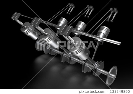Six cylinder car engine model isolated on black background Six cylinder car engine model isolated on black background 135249890
