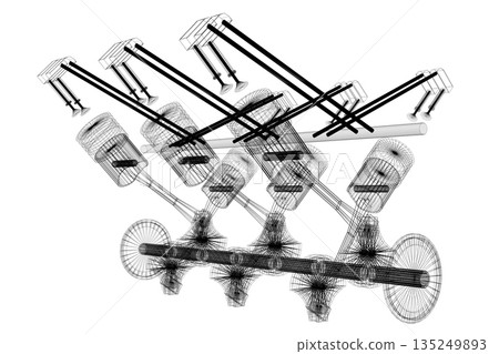 Six cylinder wireframe car engine model isolated on white background Six cylinder wireframe car engine model isolated on white background 135249893
