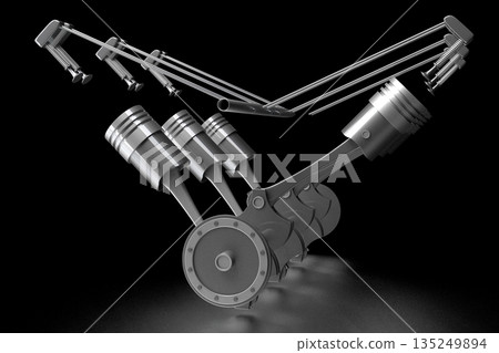 Six cylinder car engine model isolated on black background 135249894