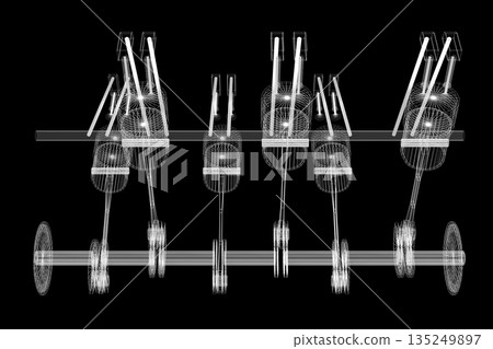 Six cylinder wireframe car engine model isolated on black background 135249897