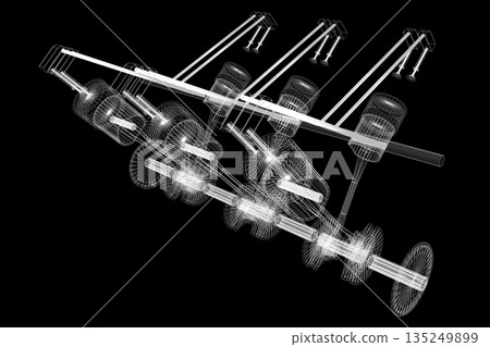 Six cylinder wireframe car engine model isolated on black background Six cylinder wireframe car engine model isolated on black background 135249899