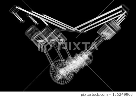 Six cylinder wireframe car engine model isolated on black background Six cylinder wireframe car engine model isolated on black background 135249903