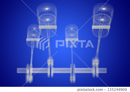 Four cylinder wireframe car engine isolated on blue background 135249908