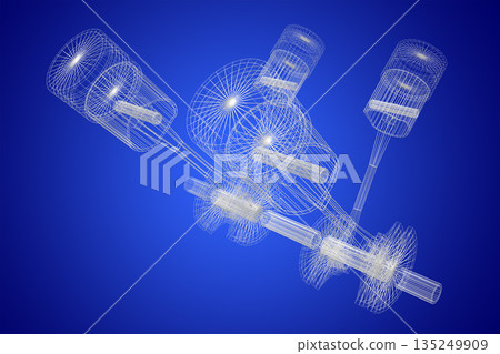 Four cylinder wireframe car engine isolated on blue background 135249909