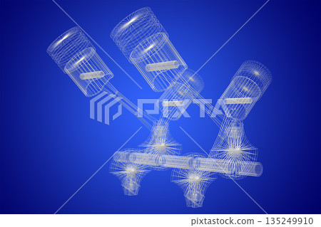 Four cylinder wireframe car engine isolated on blue background Four cylinder wireframe car engine isolated on blue background 135249910
