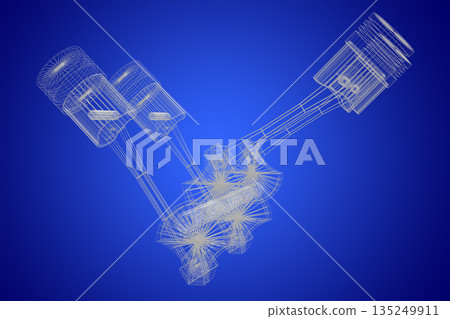 Four cylinder wireframe car engine isolated on blue background 135249911