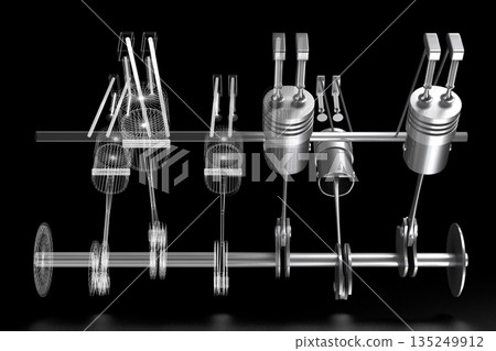 Six cylinder car engine model isolated on black background Six cylinder car engine model isolated on black background 135249912