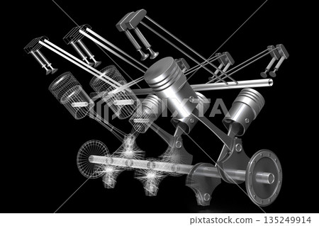 Six cylinder car engine model isolated on black background Six cylinder car engine model isolated on black background 135249914