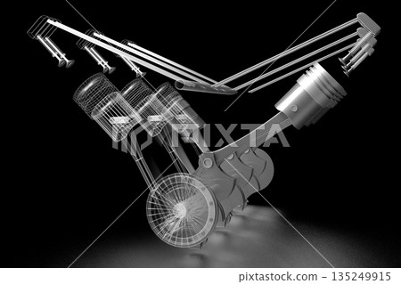 Six cylinder car engine model isolated on black background 135249915