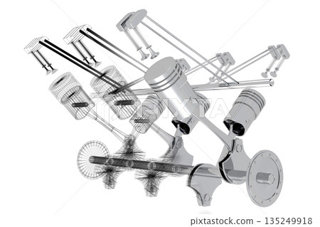 Six cylinder car engine model isolated on white background 135249918