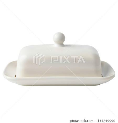 White Butter Dish With Lid on a Tray for Serving in Kitchen During Meal Preparation White Butter Dish With Lid on a Tray for Serving in Kitchen During Meal Preparation 135249990