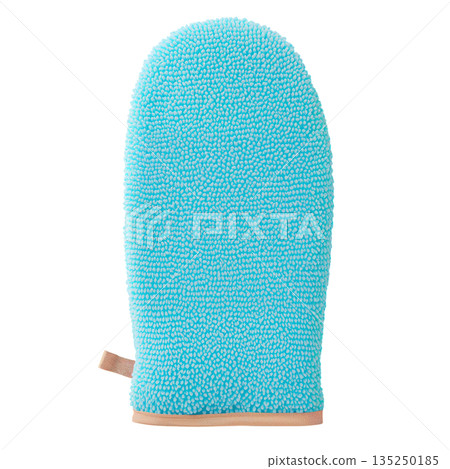 Soft Blue Cleaning Mitt Used for Scrubbing and Washing Dishes in a Kitchen Setting 135250185