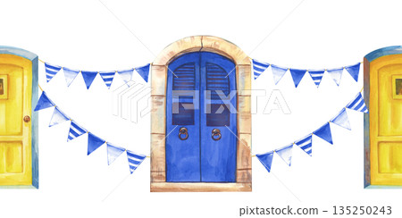 Seamless border with blue and yellow doors and blue striped flags on an isolated background. Watercolor illustration with traditional Greek architectural elements for tourism, printing, and national 135250243