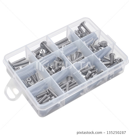 Collection of Metal Screws Stored in a Plastic Organizer Box With Separate Compartments Collection of Metal Screws Stored in a Plastic Organizer Box With Separate Compartments 135250287