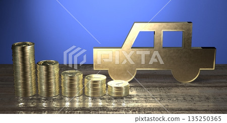Passenger car shape and pile of coins - decrease chart Passenger car shape and pile of coins - decrease chart 135250365