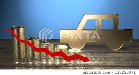 Passenger car shape, coins and downwards arrow - decrease chart Passenger car shape, coins and downwards arrow - decrease chart 135250371