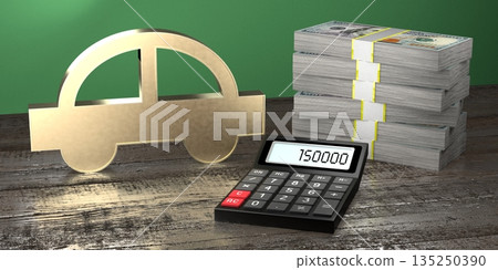 Passenger car, calculator and pile of money Passenger car, calculator and pile of money 135250390