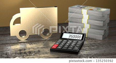 Truck shape, calculator and pile of money 135250392