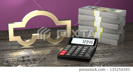 Passenger car, calculator and pile of money 135250393